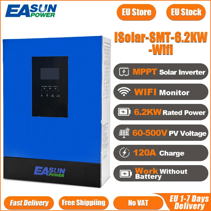 Inverter Solare Ibrido EASUN 6.2/4/2KW con Ingresso FV 500Vdc, Caricatore MPPT 120A, 220VAC 48VDC, Onda Sinusoidale Pura e WiFi