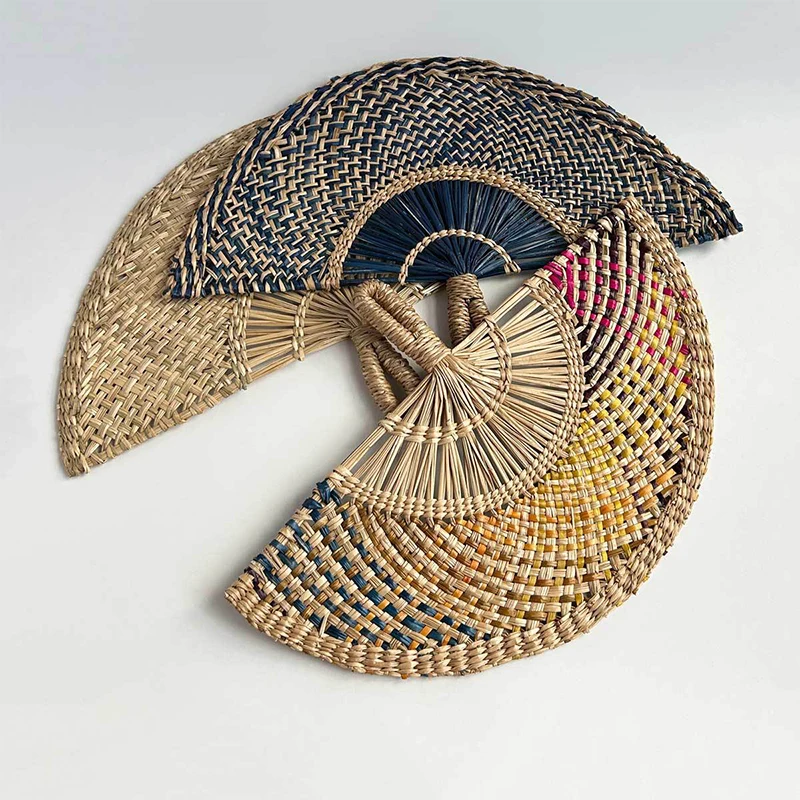 Handmade Woven Straw Fan Semicircular Summer Cooling Portable Lightweight Hand Fan Decorative Boho Wall Hanging Home Decor Gift