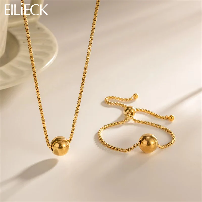 

EILIECK 316L Stainless Steel Bead Ball Necklace Bracelets Set For Women Trendy 18K Gold Plated Waterproof Jewelry Gift Collar