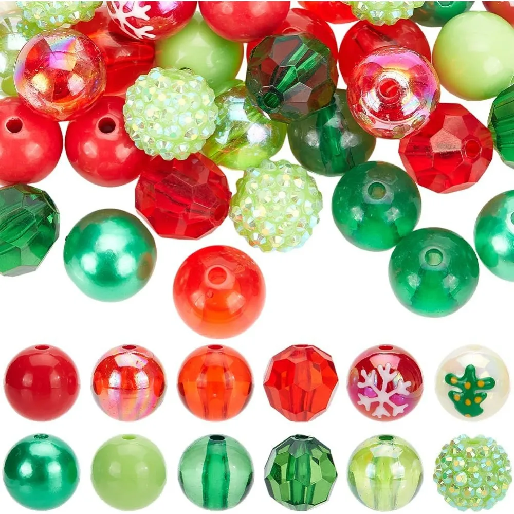 48Pcs 12 Styles Christmas Acrylic Beads Thick Bubble Bead Bulk 16mm Assorted Green Red Xmas Round Ball Disco Faceted making kit