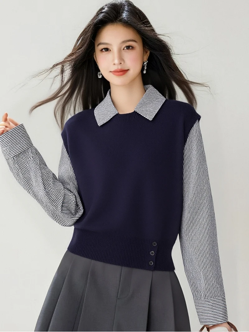 ヨーロッパ風、服、ヴィンテージ、秋、冬、セーター、シック、セクシー、フェイクツーピース、パッチワーク、女性、長袖、ニット、プルオーバー、トップス、510068