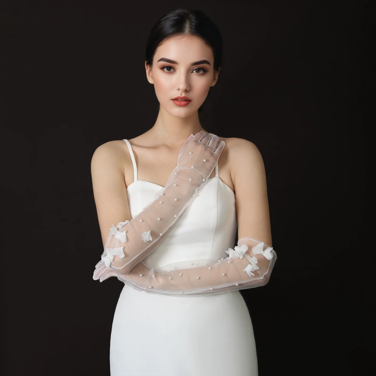 

Свадебные перчатки, перчатки для свадебного платья, длинные перчатки для невесты, реквизит для фотографий, очаровательные тонкие сетчатые варежки из искусственного жемчуга GM09