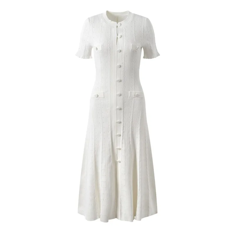 Celebrity knitted dress short sleeve hollow thread single breasted long dress