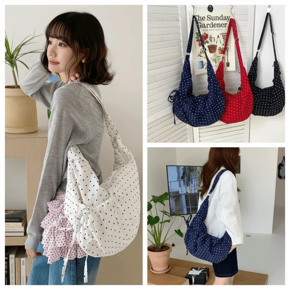 

Корейская нейлоновая сумка через плечо в корейском стиле с принтом в горошек, легкая плиссированная сумка в балетном стиле, вместительная сумка с принтом