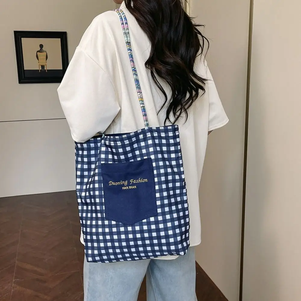 

Casual Sweet Double Sided Plaid Vest Bag Cloth Japanese Style Denim Shoulder Bag Lattice Commuting Canvas Tote Bag Women