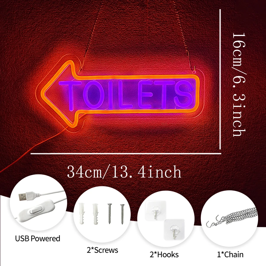 Toilets Neon Sign, Arrow Led Icon Direction Prompt, Very Suitable For Shopping Malls, Bars And Clubs, Hotels, Hospitals Decor.