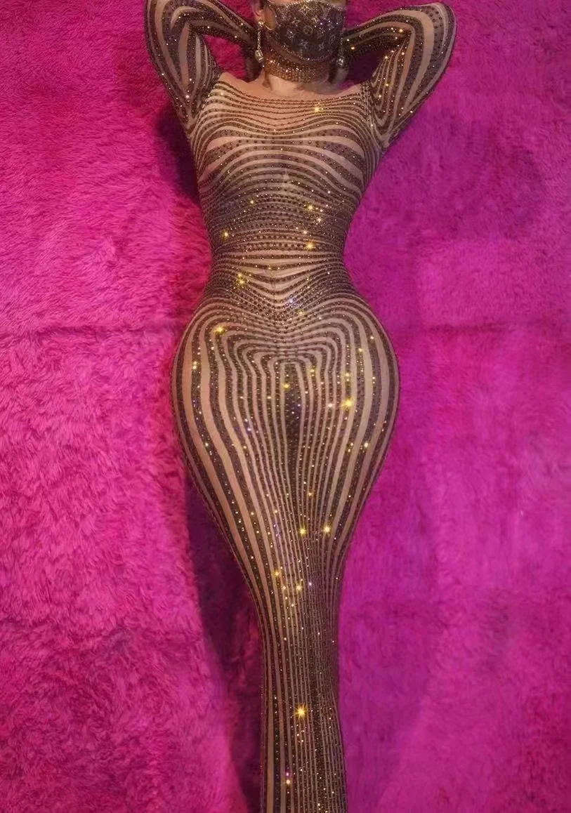 

Women Sparkle Fashion 2025 New Drag Queen Birthday Dress Singer Gogo Dancer Rhinestone Striped Bodycon Dressy Partywear