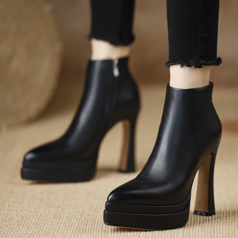 

Ultra-high Heel Women Boots Fashion Pointed High Heeled Leather Boots Thick Heel Platform Botas Side Zip High-heeled Ankle Boots