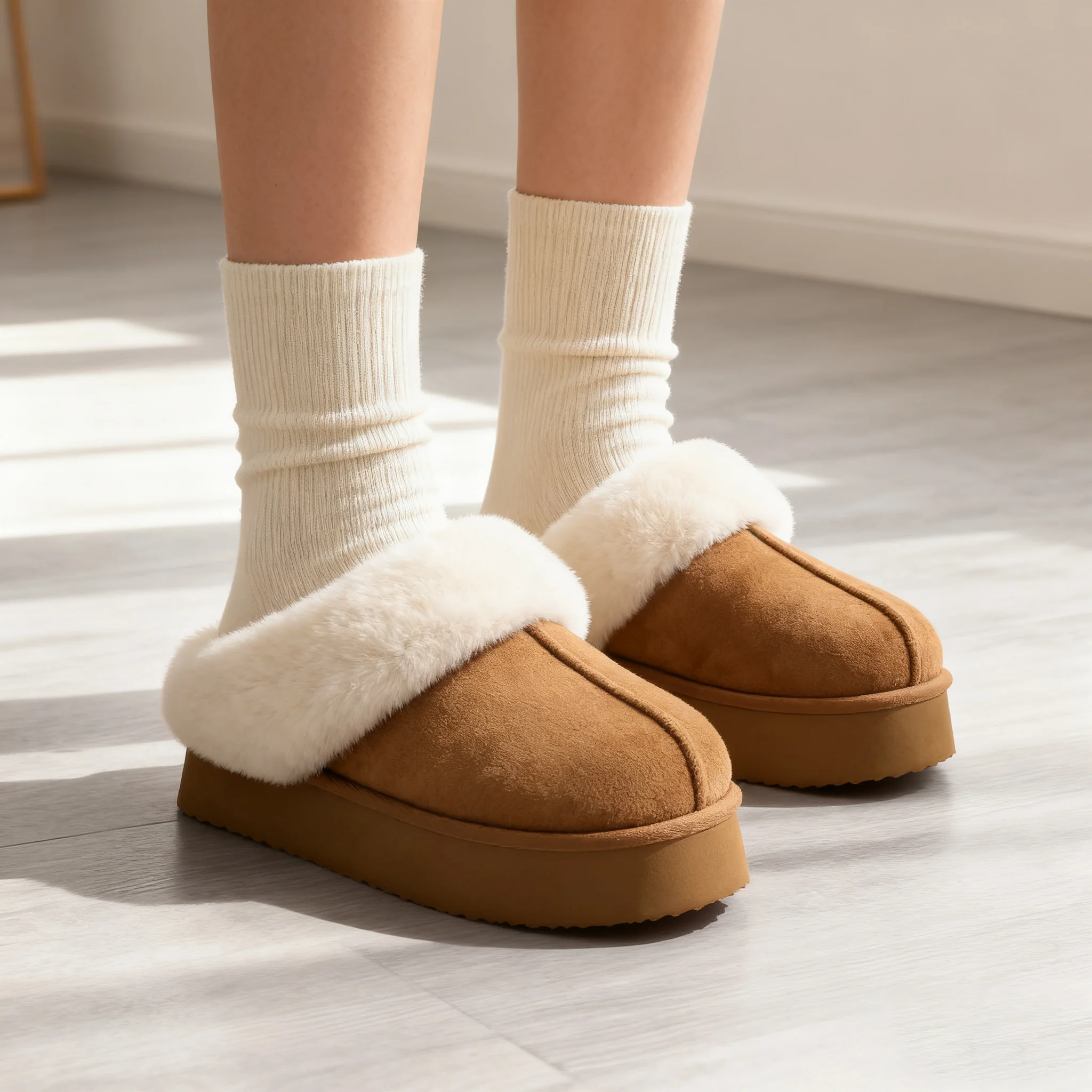 

Gacimy Winter Fuzzy Platform Slippers for Women Cozy Memory Foam Indoor Home Slippers Outdoor Warm Fur Cotton Shoes Plush Slides