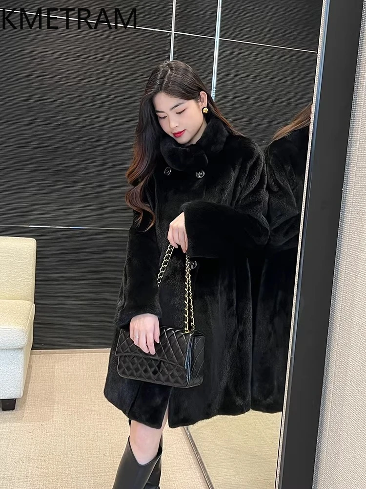 KMETRAM 100% chaqueta de piel de visón entera Natural para mujer, abrigo de piel de visón auténtica negro de longitud media de alta calidad, ropa de invierno para mujer 2025 шуба