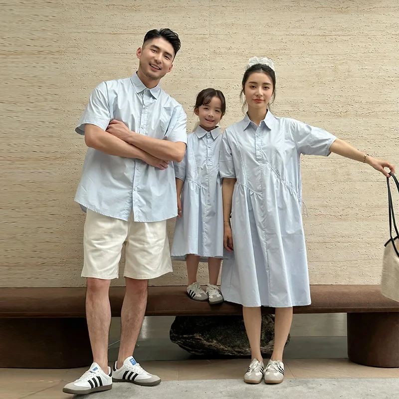 

2025 Mom Daughter Dress Dad Son T-Shirt Set Family Matching Girls Dress Summer Kids Clothes Short Sleeve Shirt Blue Top Shorts