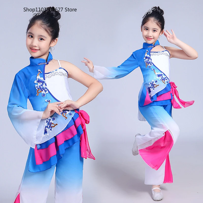 

Newchildren's classic dance costume umbrella dance flower fan dance in the rain national Yangko dress girl performance costume