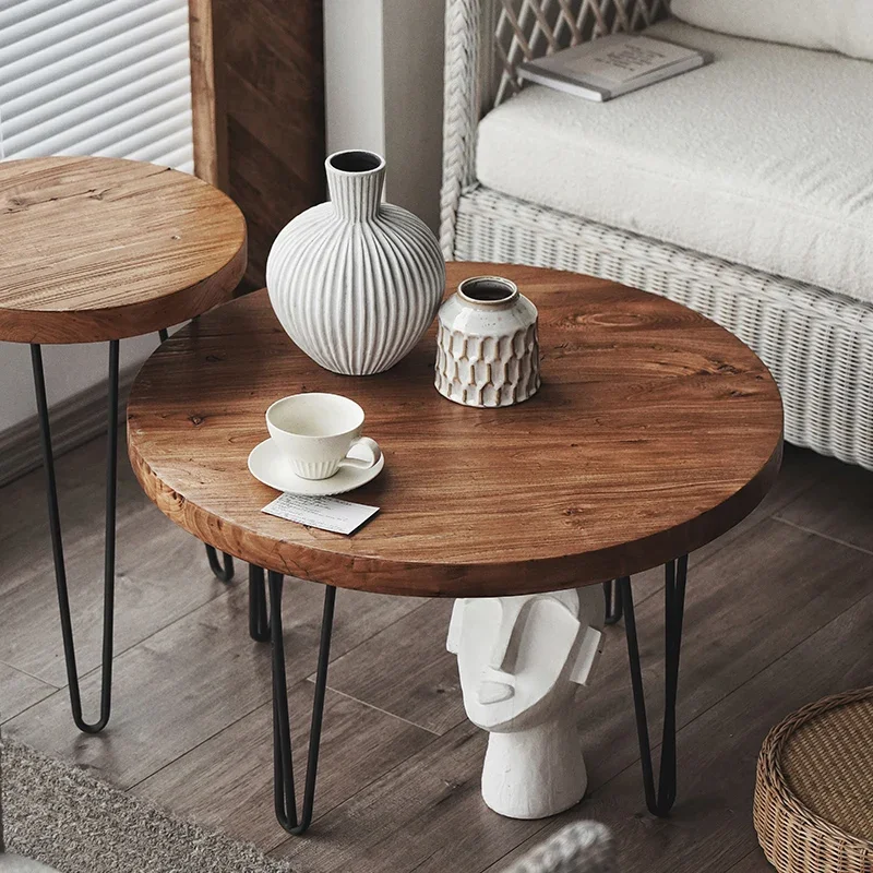 Antique Elm Wood Tea Table Home Wood Round Coffee Desk Sturdy Durable Retro Living Room Furniture 70cm Diameter