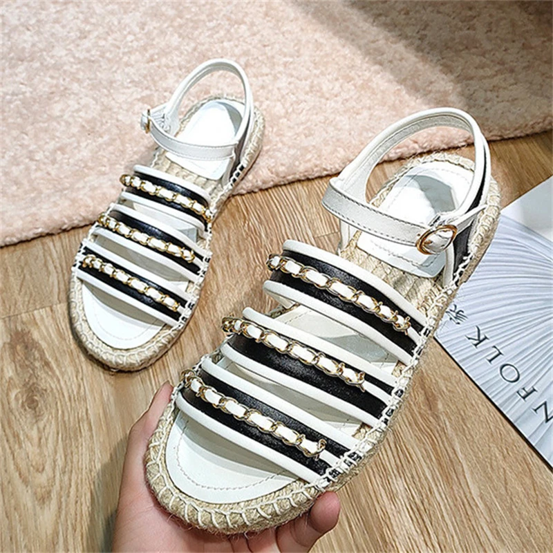 

Platform Sandalias Mujer Talon Chain Straw Shoes For Women Roman Sandals Chaussure Femme Woven Hemp Rope Fisherman Sandales