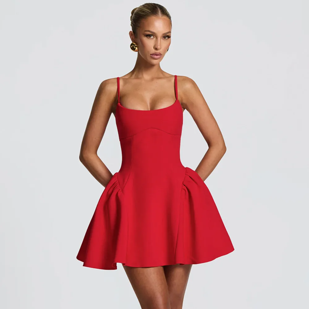 Blifanbo cinta de espaguete sem costas a linha sexy mini vestido feminino ruched cintura alta sem mangas sólido clube vestido de festa elegante