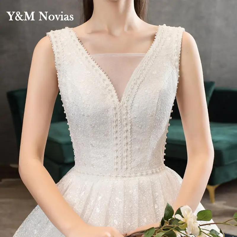 Y & m-vestido de novia con cuentas de perlas, elegante vestido de novia con purpurina hecho a medida, largo, sin mangas, de princesa, para baile