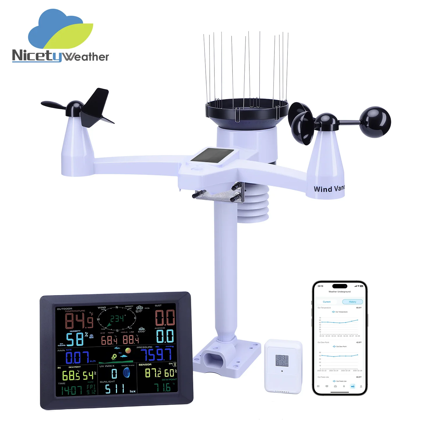 Pro WiFi Weather Station Indoor Outdoor With Digital Thermometer Wind Speed/Direction Sensor Wireless Thermometer Hygrometer