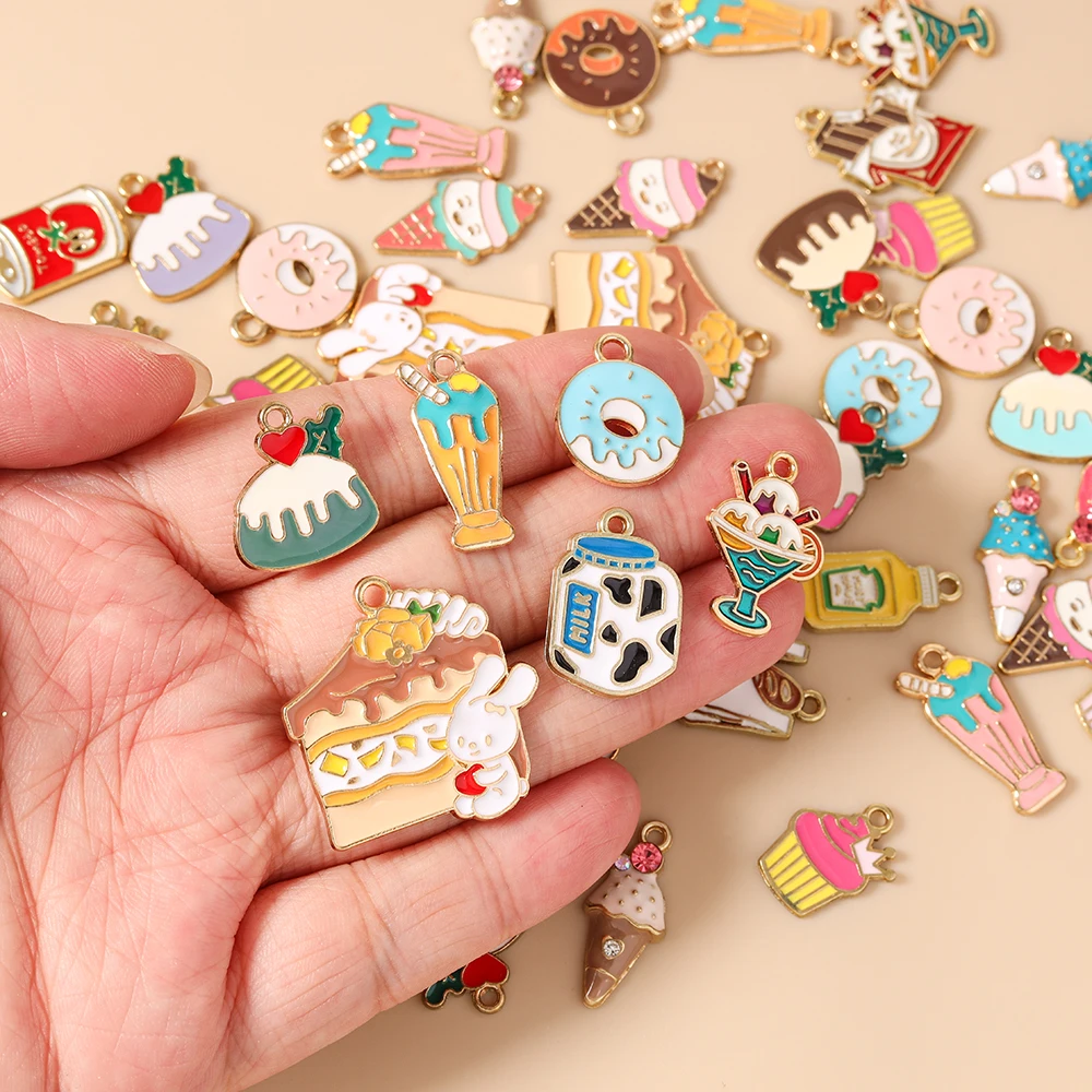 Leslie 10pcs Cute Enamel Food Charms Hamburg Ice Cream Pizza Milk Cake Chocolate Pendant For Bracelet Handmade Jewelry Making