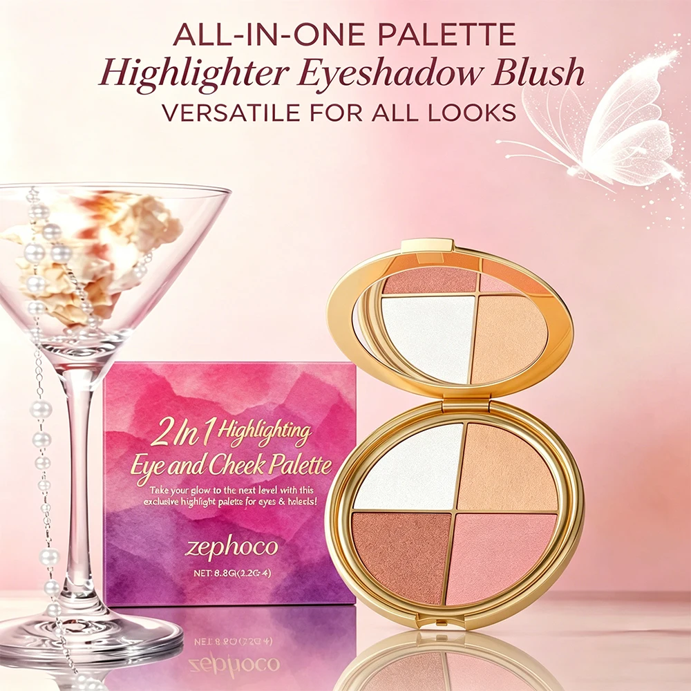 Zephoco 2-in-1 Highlighting Augen- & Wangenpalette - Weiche Schimmernde Töne, Leicht Verblendbare Formel, All-in-One für Strahlenden Augen- & Wangenauftritt