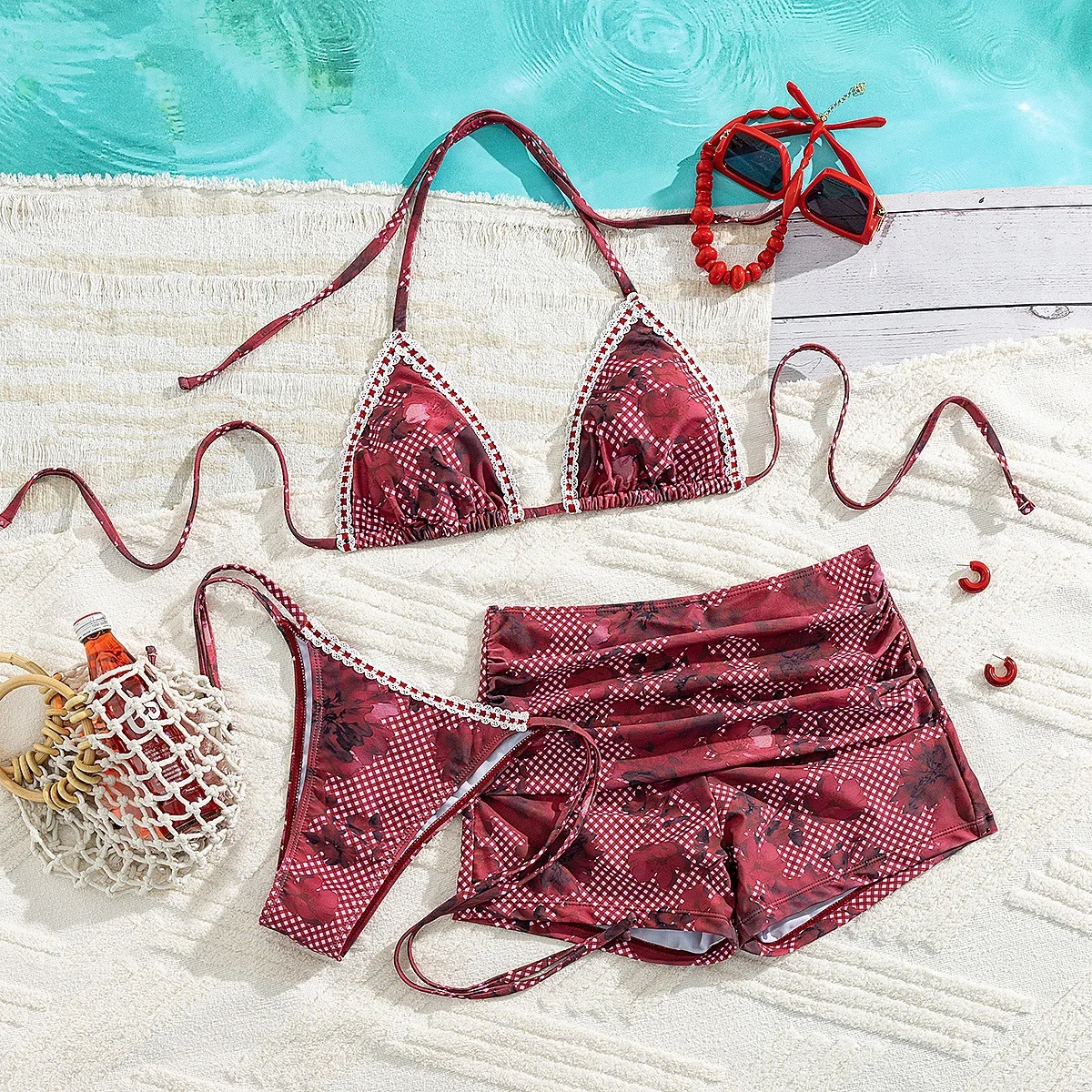 sexy wine red flower plaid print halter tie bikinis sets 3pcs with ruffles shorts swimwear bathing suit swimsuits biquni tankini
