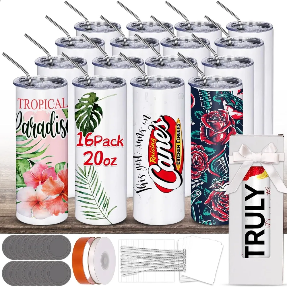 Sublimation Tumblers bulk 20 OZ Skinny Stainless Steel Double Wall Insulated Straight Sublimation Cups 16 Pack