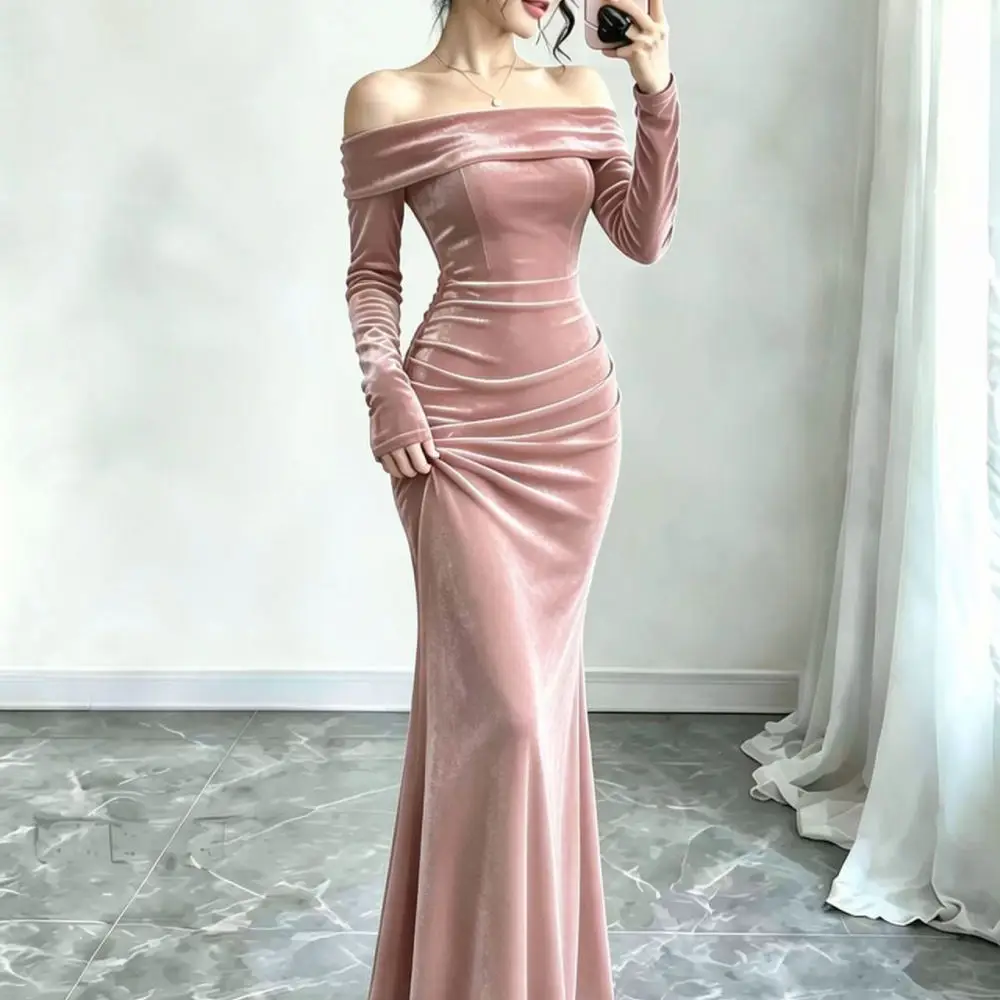 Winter Velvet Long Sleeve Bodycon Dress Women Off Shoulder Gown Elegant Slim Fit Autumn Party Formal Evening Maxi Skirts