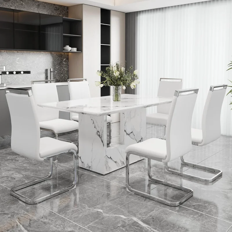 

Dining Table Set for 6, 63'' Kitchen Table and Chairs for 6, White Faux Marble Table and 6 PU Leather Modern Chairs Set