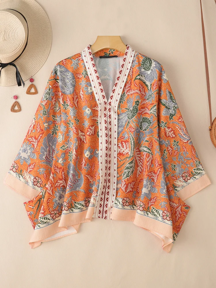 ZANZEA-Blusas bohemias con estampado Floral para mujer, Tops holgados de talla grande con manga tres cuartos y cuello en V para vacaciones y playa, 3XL