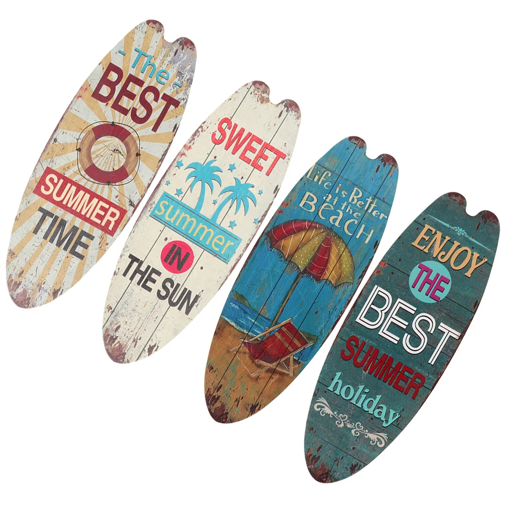 

4 Pcs Signage Surfboard Wooden Seaside Ocean Decorations Home Wall Signs Hanging Plaque