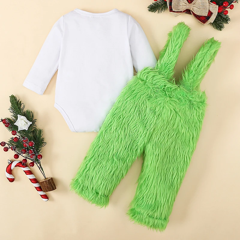 EWODOS 0-18M Baby Boys Girls Christmas Outfit Sets Monster Hand Letter Print Long Sleeve Bodysuit Green Fur Suspender Pants Set