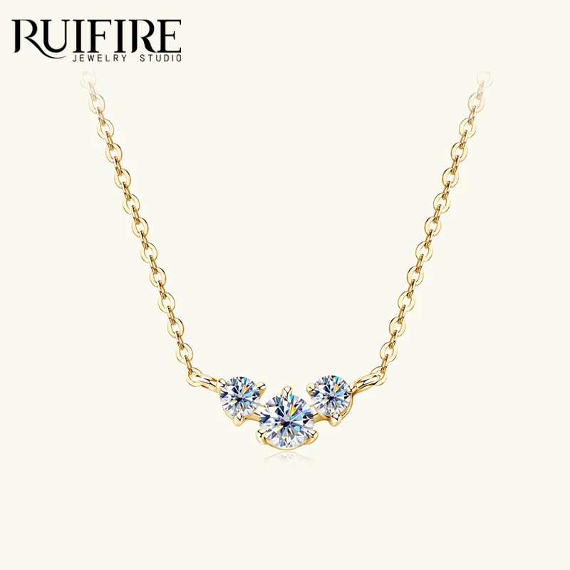 

RUIFIRE 14K Gold Plated 3 Moissanite Necklace S925 Sterling Silver Pendant Chain Necklaces For Women Wedding Party Jewelry Gift