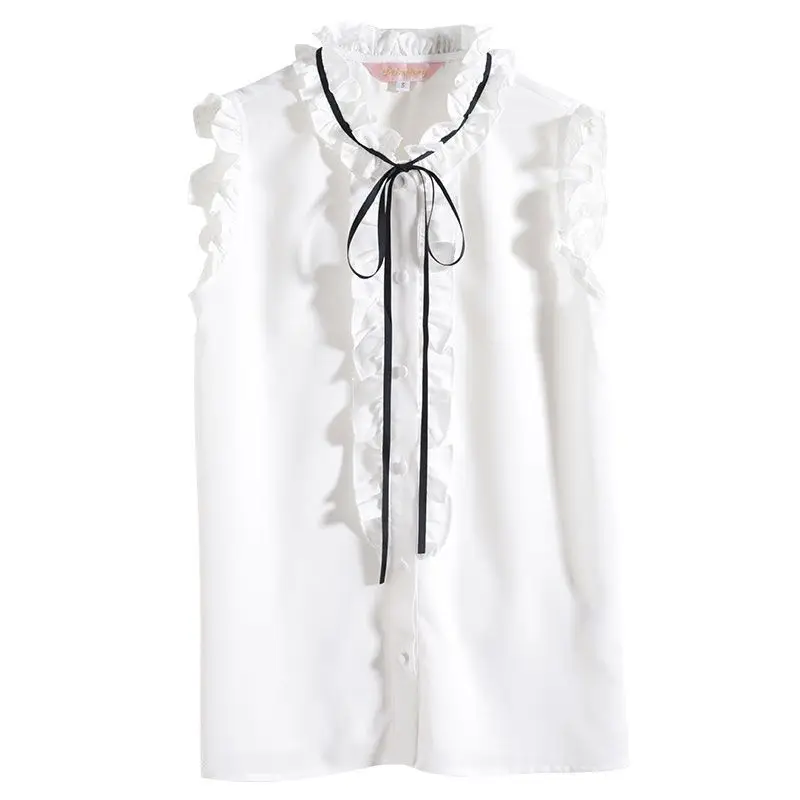 Elegant Solid Color Loose Lace Up Bow Ruffles Chiffon Shirt Female Clothing 2023 Summer New Casual Tops Sleeveless Sweet Blouse