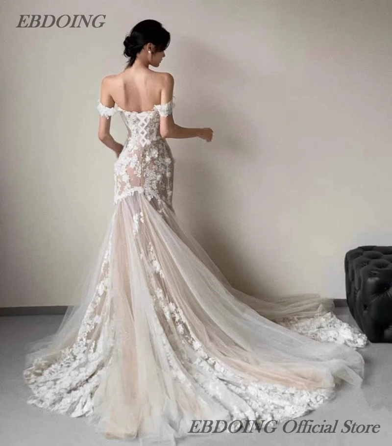 EBDOING Hochzeitskleid, Meerjungfrau, Spitze, herzförmiger Ausschnitt, Schnürung, Kapellenschleppe, individuelles Brautkleid