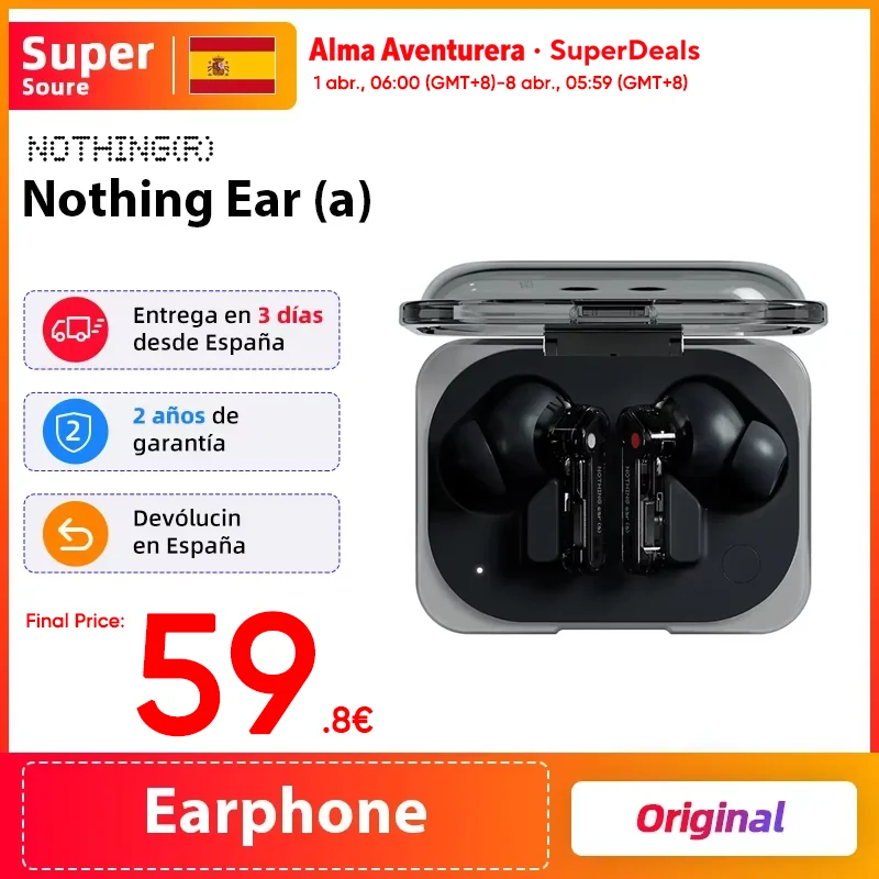 Nothing Ear (a) Cancelación activa de ruido de 45 dB Controlador dinámico de 11 mm Hasta 42,5 horas de reproducción Sonido de última generación con LDAC