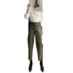 Military Green Leather Pants High Waist Wide-Leg Straight Pants Streetwear Autumn Casual sheepskin Trousers Women 2023 Hot Sale