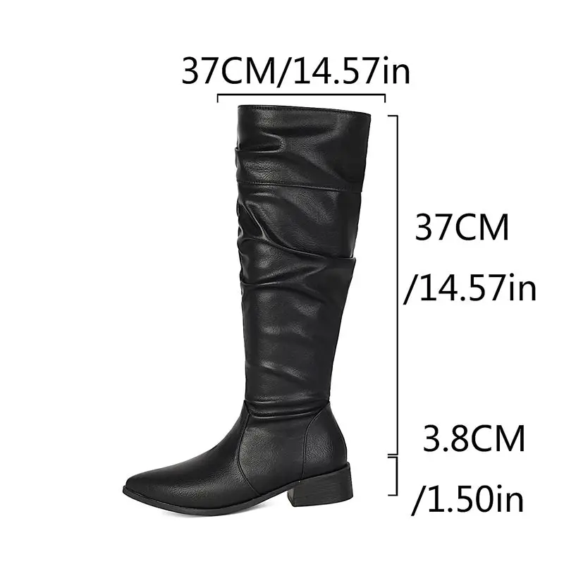 ORCHA LISA Girls Brown High Leg Boots Sharp Toe 3.8cm Lug Heel Side Zip Knee High Botas Plus Size 41 42 43 44 45 Black Yellow