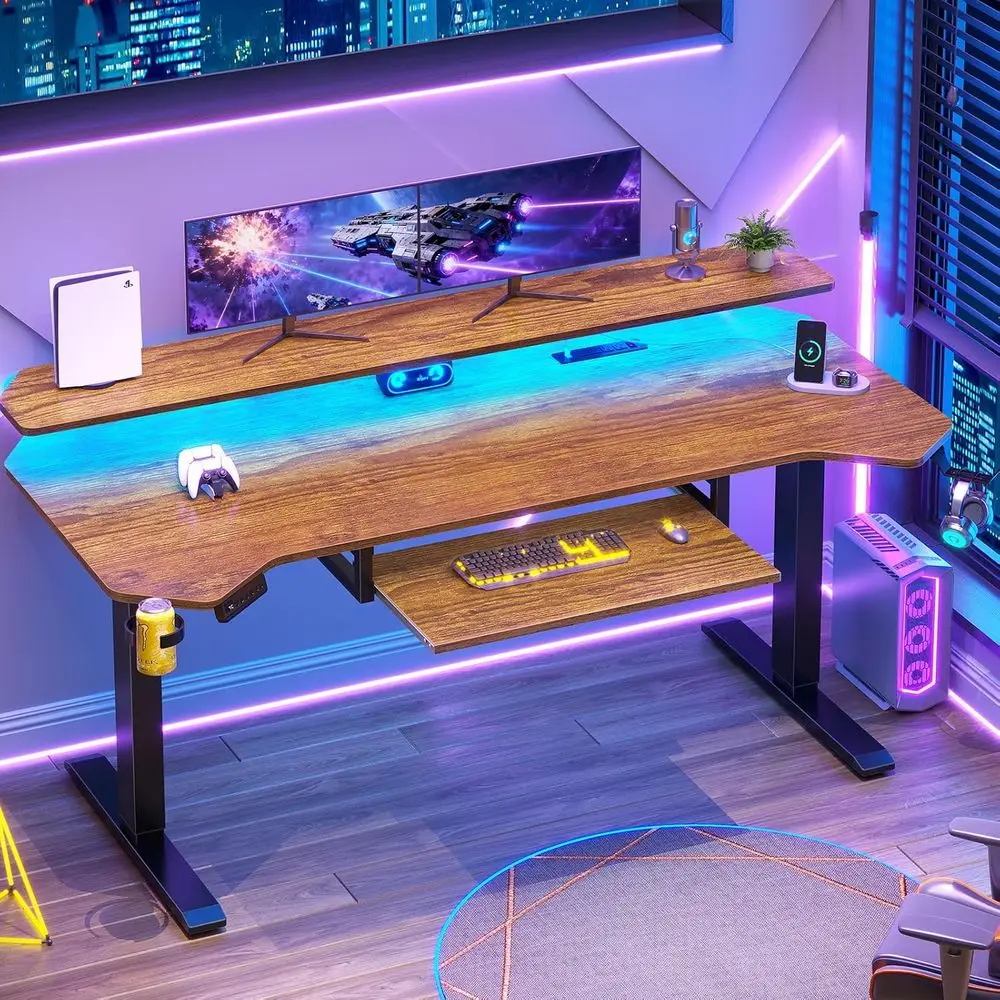 LED-lit Rustic Brown Standing Desk with Power Strip, Monitor Stand, and Keyboard Tray for Gaming and Small Spaces
