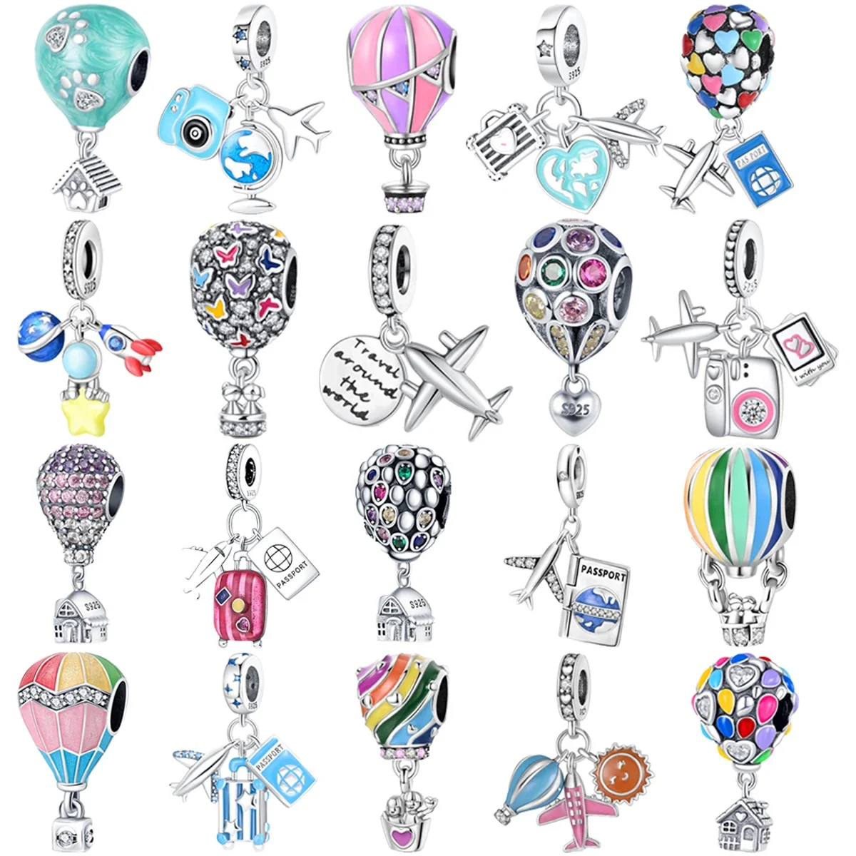 

Original 925 Charms Sterling Silver Hot Air Balloon Airplane Luggage Pendant for Pandora DIY Bracelet Ladies Jewellery Gift