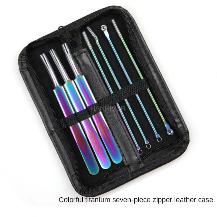 Kabura ze stali nierdzewnej z igłą do usuwania trądziku, klips do wyciskania zaskórników, siedem narzędzi do układania w stos, pokryte pięciokrotnie.