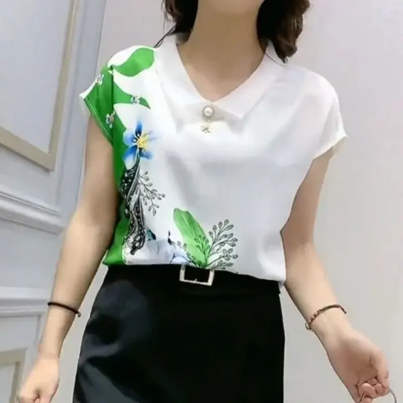 Commute Casual Floral Printed Blouse Summer Turn-down Collar Chic Pearl Three-dimensional Decoration Female Clothing Loose Shirt