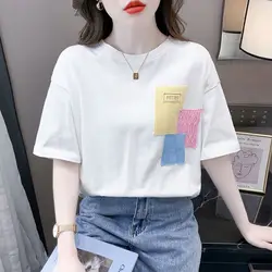 Women's Summer Fashion Office Lady Simplicity Patchwork O-neck Short Sleeve T-Shirt Women Clothes Casual All-match Loose Tops