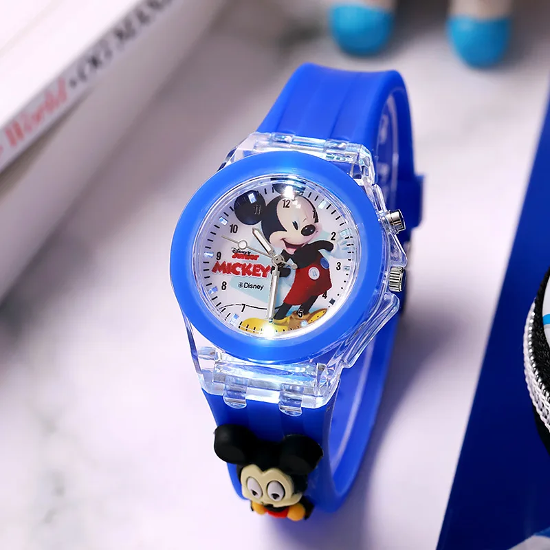 Disney-relojes de Mickey Mouse para niñas, correa de silicona, luz colorida, Spiderman, reloj de cuarzo para estudiantes, regalo de cumpleaños