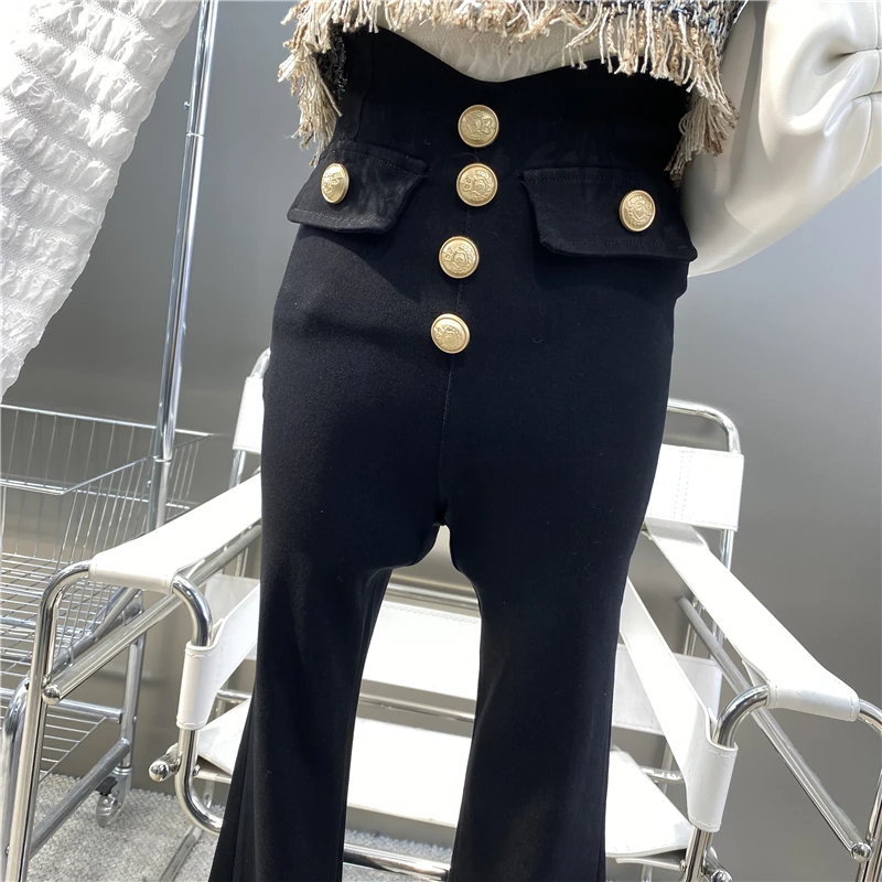 New 2022 Metal Buckle High Waist Slim Straight Jeans Tight Elastic Versatile Side Fork Hanging Micro Horn Pants