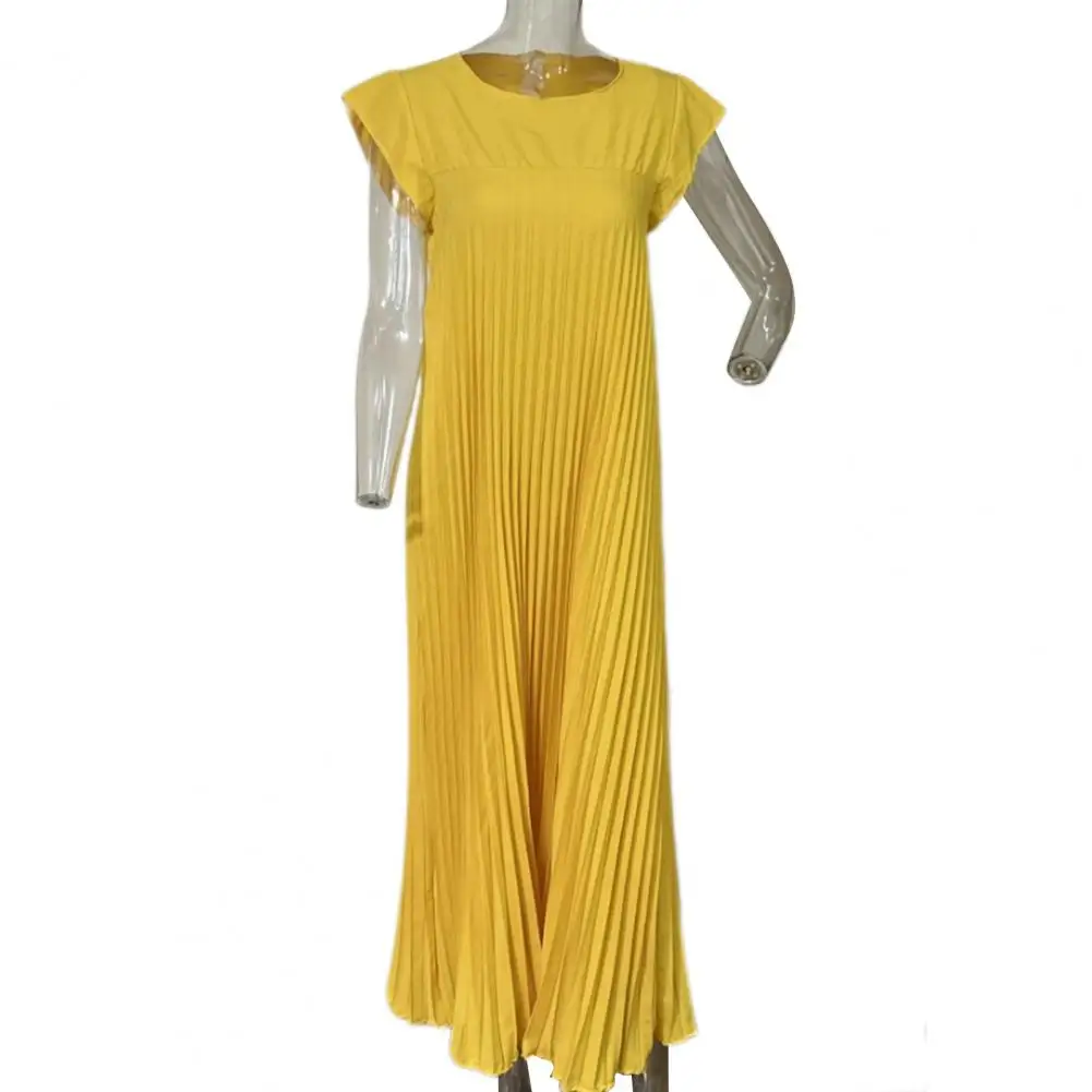 Robe Maxi Plissée à Col Rond pour Femme, Élégante, avec Poches Latérales, Respirante, Ligne A, Couleur Unie, pour les Vacances, Été