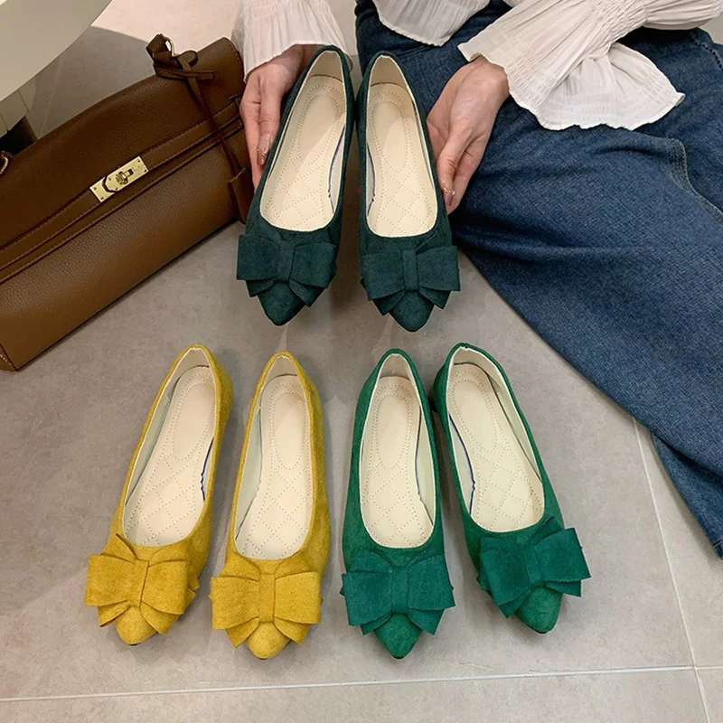 Woman Gentle Wedding Bridal Barefoot Flats Female Butterfly Knots Basic Suede Shoes Lady Pointed Toe Slip On Cinderella Shoes