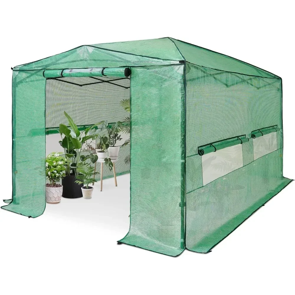 8'x12' Portable Greenhouse Pop-up Greenhouse Indoor Outdoor Plant Gardening Canopy,2 Roll-Up Zipper Doors &4 Side Windows, Green