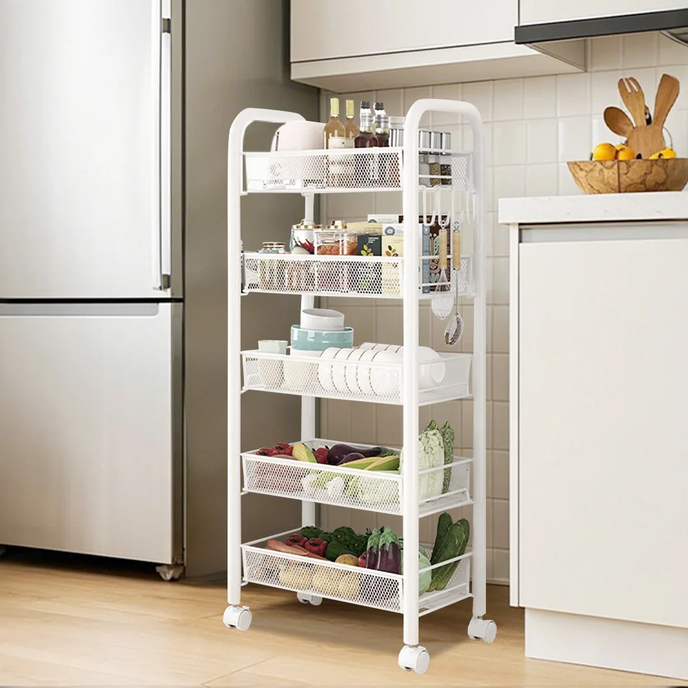 5-stufiges bewegliches Trolley-Lagerregal, Metall-Küchenregal, bodenstehendes mehrschichtiges Lagerregal für den Haushalt, Gemüsekorb