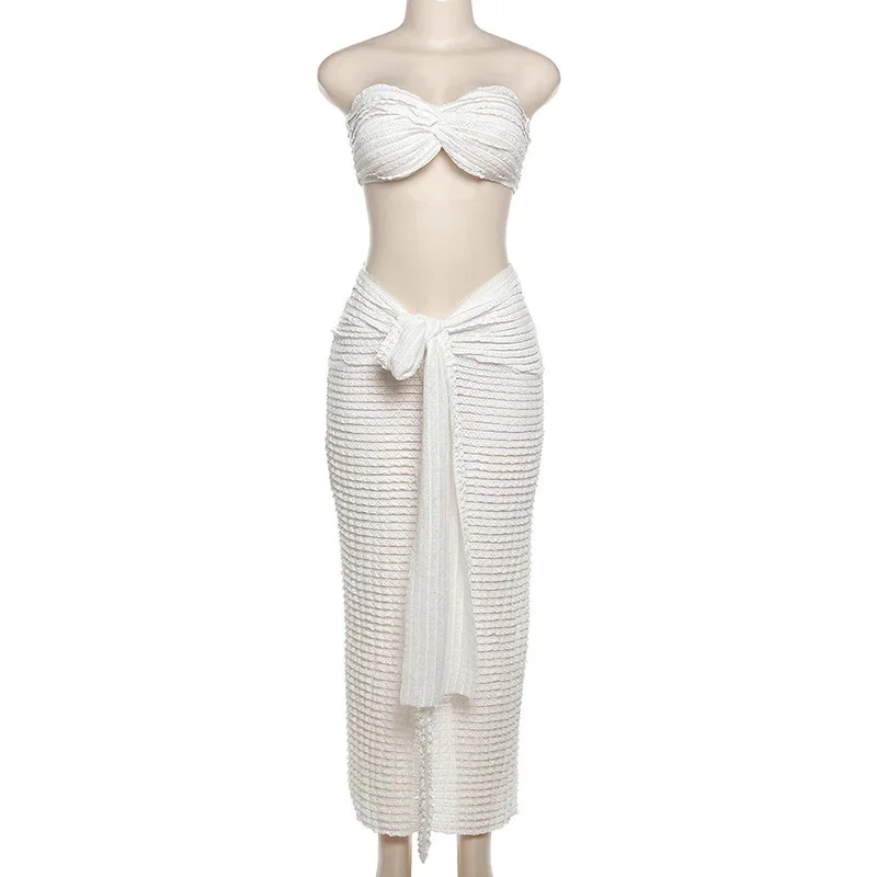 Elegant 2 Piece Set Women Midnight Thin Striped Knot Strapless Crop Tops Bandage Lace Up Skirts 2025 Vacation Matching Clubwear