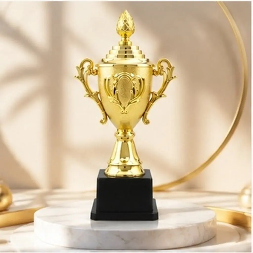 Plastic Golden Trophy 24Cm Black Base Floral Cup Award Ceremony Party Favor Classroom Competition Prize Golden Award Trophy