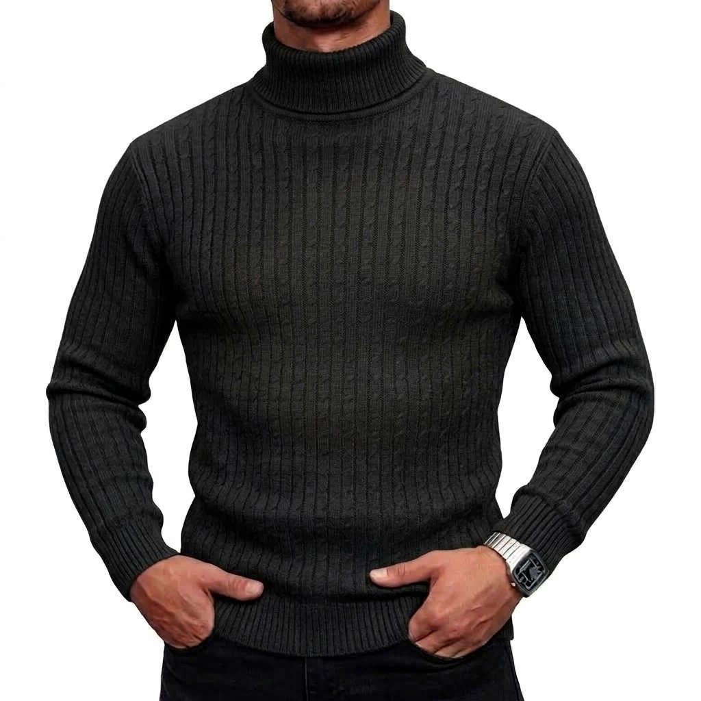 Neuer Herren-Rollkragenpullover, lässiger Zopfstrickpullover, hoher Kragen, lange Ärmel, warme Winterpullover für Männer, schmal geschnittene Oberteile. – Detail 3